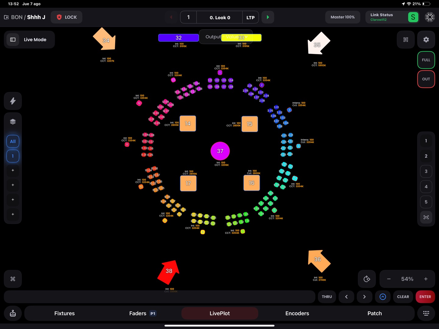 Blackout’s LivePlot on iPad, showing a stage layout of numbered, coloured lighting fixtures and their intensity values.